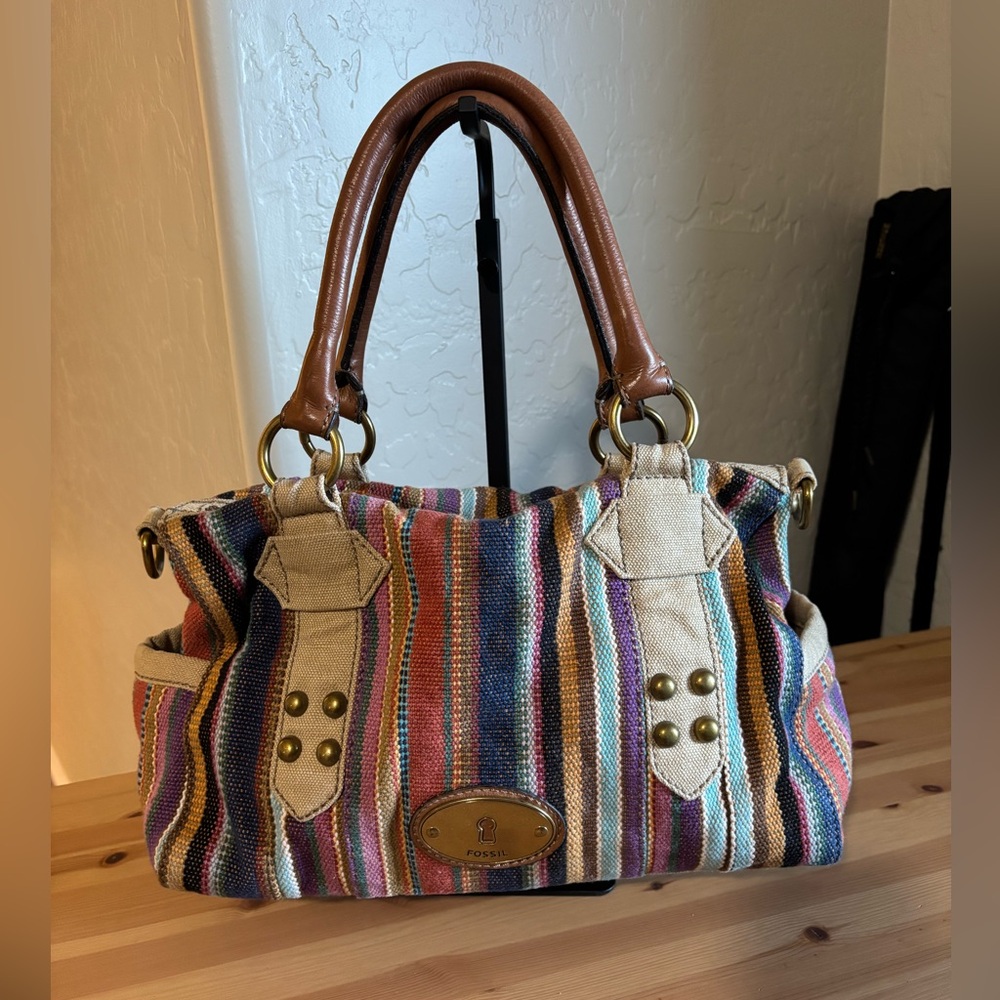Fossil Striped Satchel with Brown Handles
